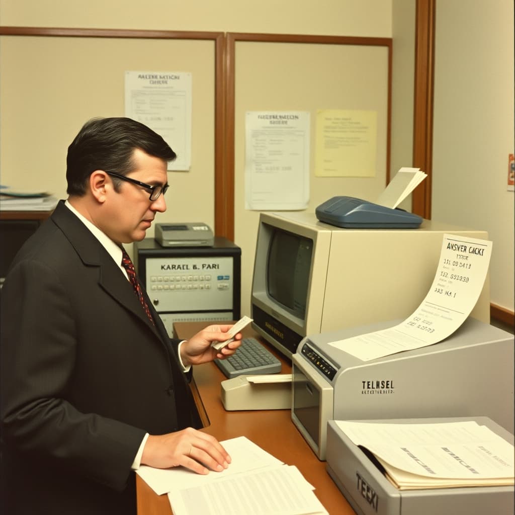 A telex operator verifies an answerback exchange beside paper tape and a controlled delivery register