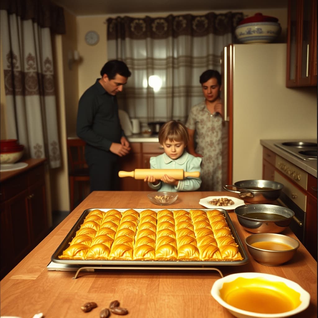 A family counts portions from a homemade baklava tray while a schoolchild waits at the kitchen table