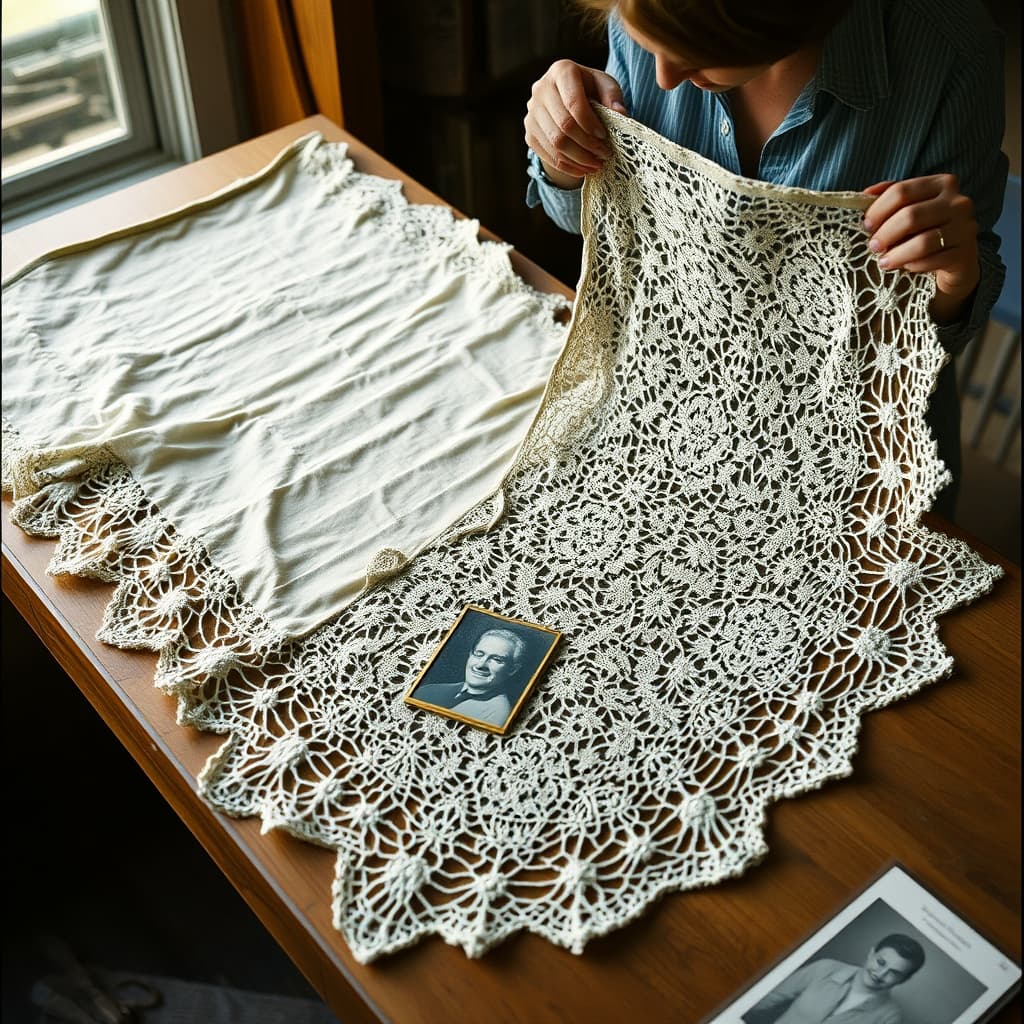 A collector and conservator examine the stitches, repairs, and provenance of a lace cover