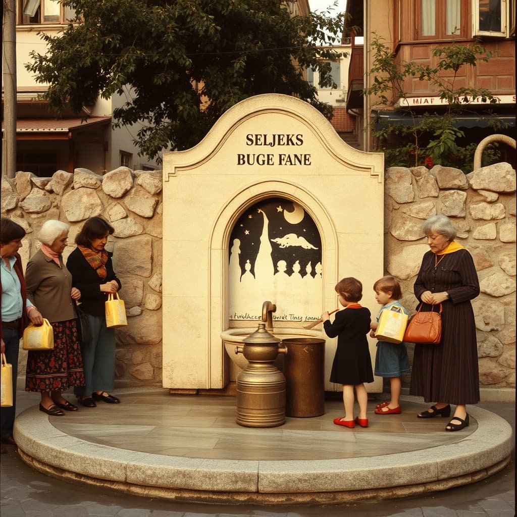 Residents wait with copper vessels at a neighbourhood fountain during a busy late afternoon