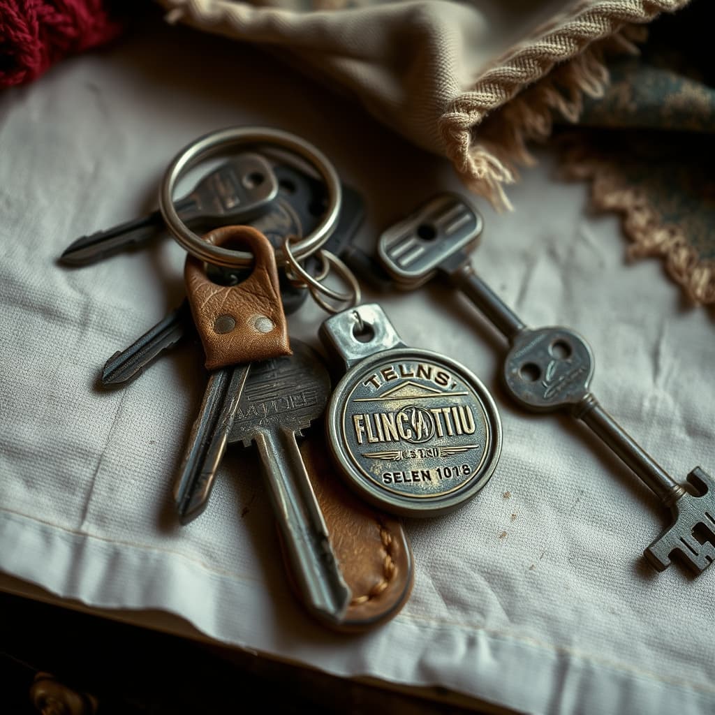 A worn keyring with several unidentified keys and a leather fob rests safely beside textiles from a family chest