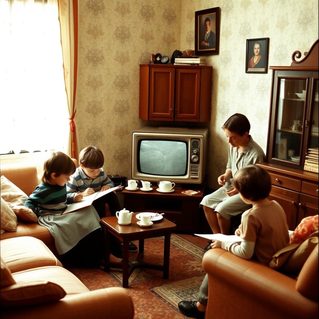Families gather at the same hour around a single television while children finish homework in a 1970s sitting room