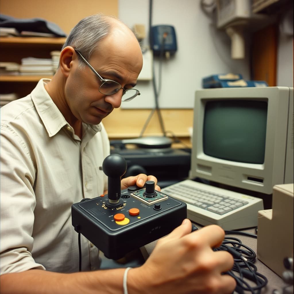 A repairer safely tests the switches and cable of an old joystick beside a compatible 1980s home computer