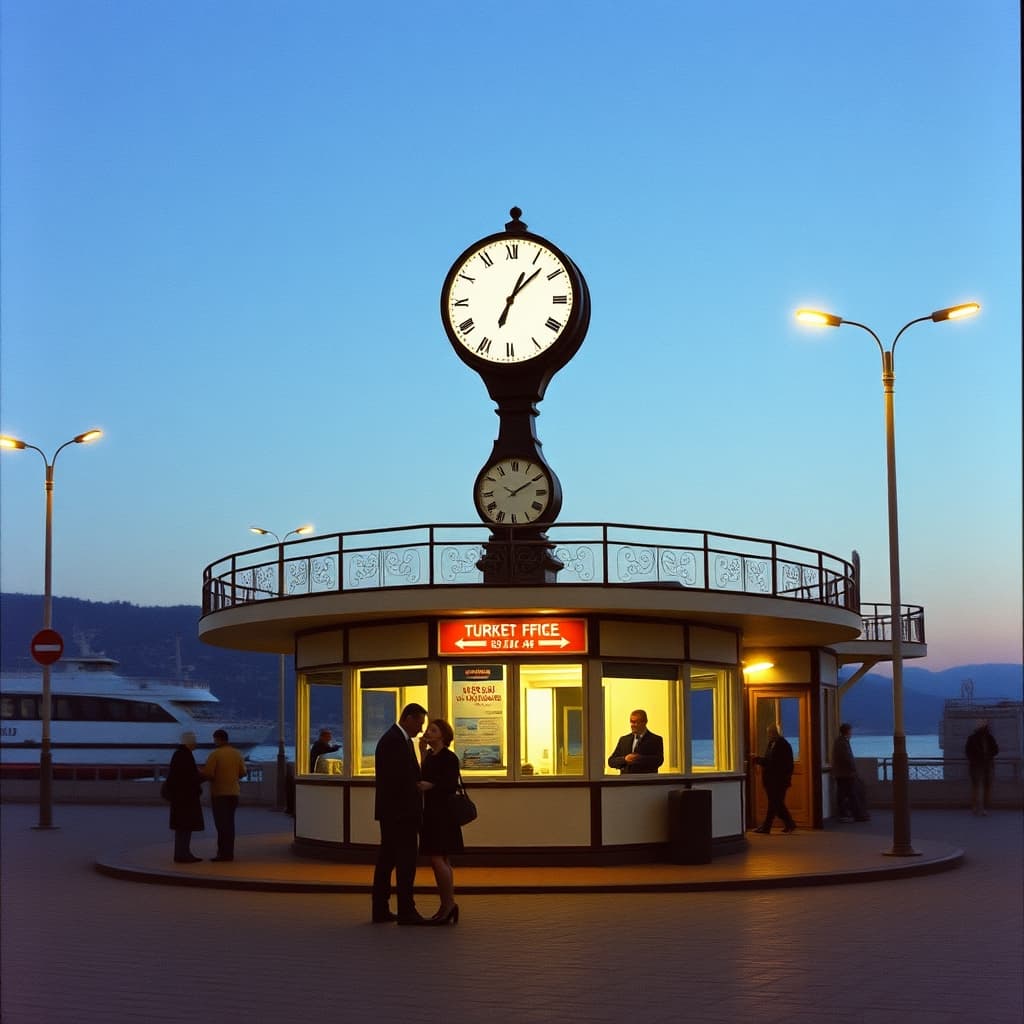 Two people meet beside a public clock in an orderly, well-lit ferry pier square