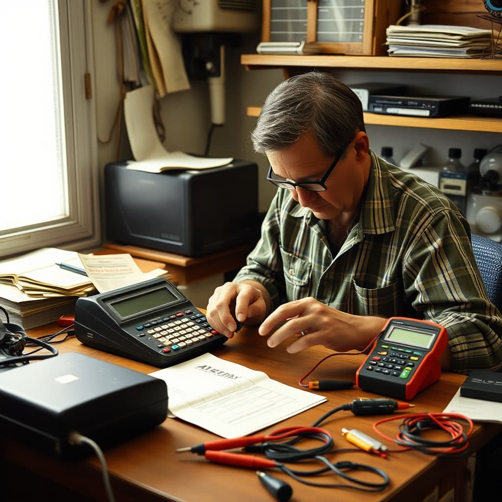 A repairer inspects an unplugged vintage calculator beside a service manual and multimeter