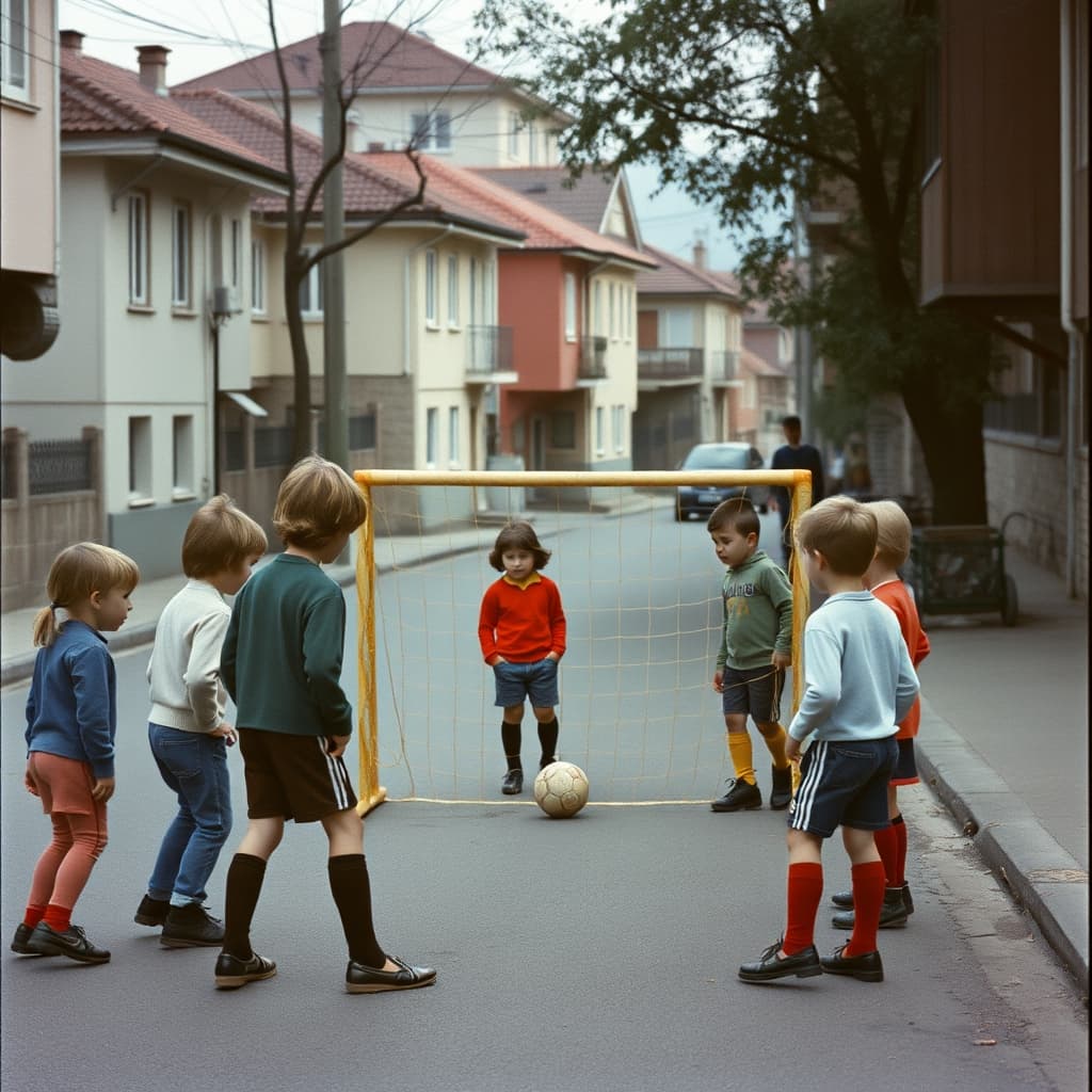 Children calmly discuss a disputed goal between improvised schoolbag goalposts on a safe street