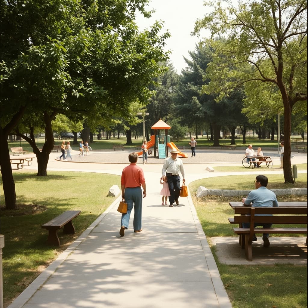 Families share a clean shaded city park while municipal workers maintain paths and planting