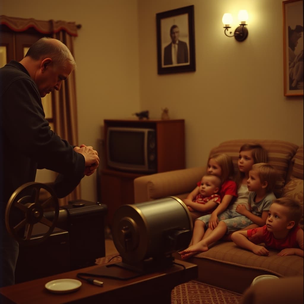 An adult carefully rewinds a family film by hand while children watch from a safe distance