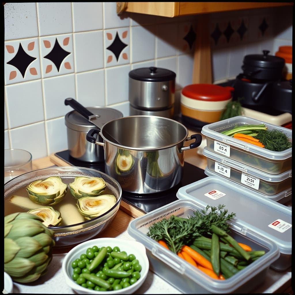 Fresh artichoke hearts, vegetables and dill are prepared safely for an olive-oil dish in a 1970s family kitchen