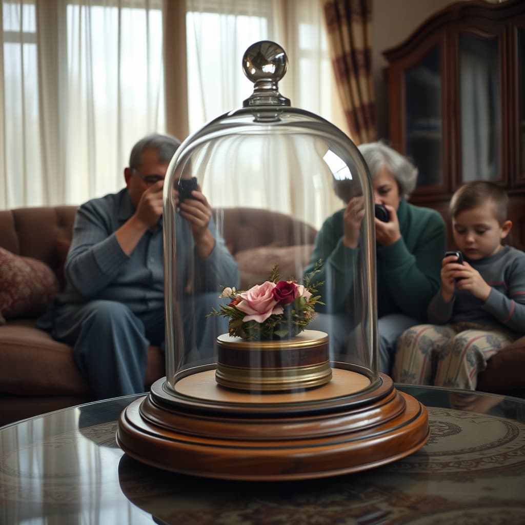 Two generations document a handmade keepsake arrangement protected beneath a glass display dome