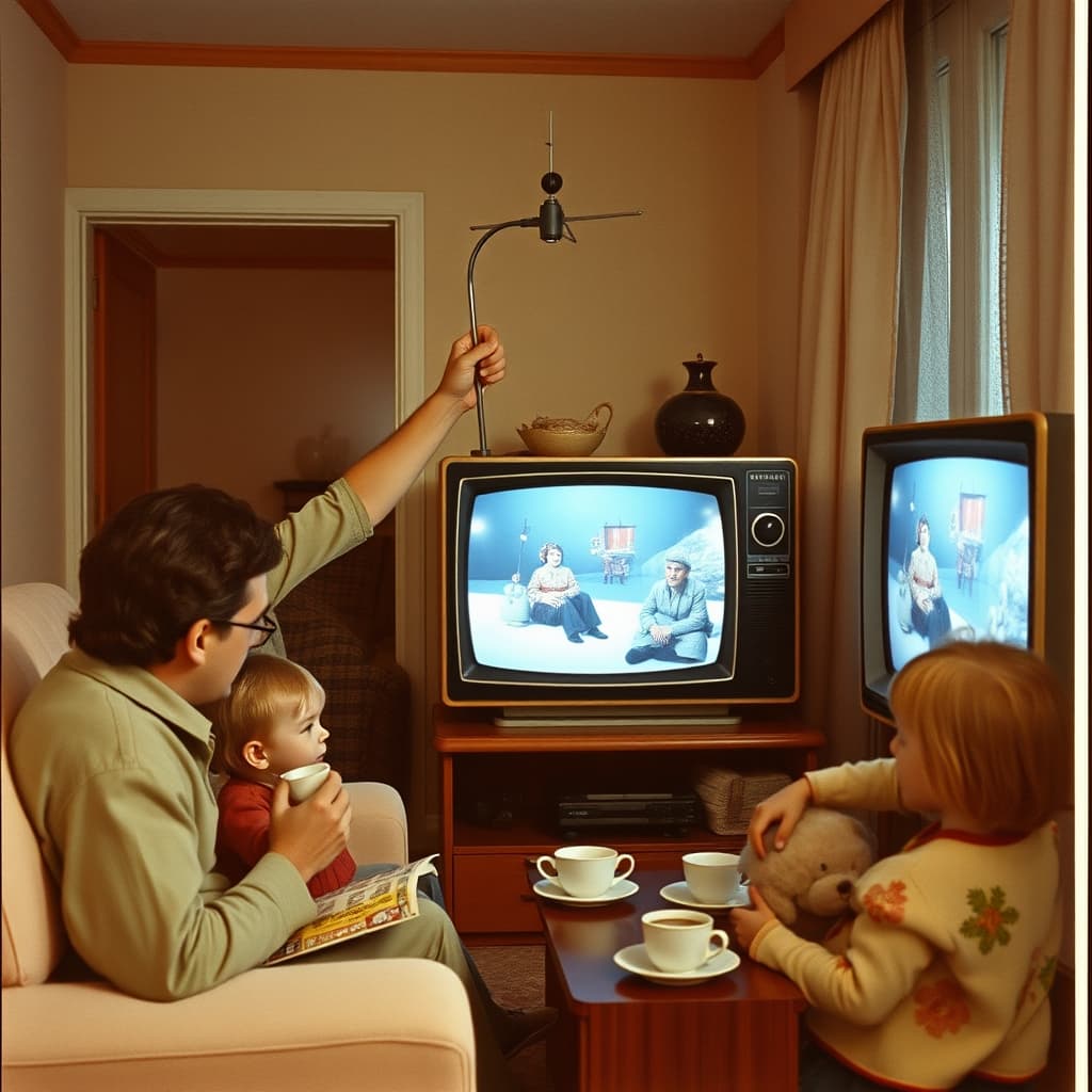 A family carefully adjusts an indoor television aerial before a holiday broadcast in a 1970s sitting room