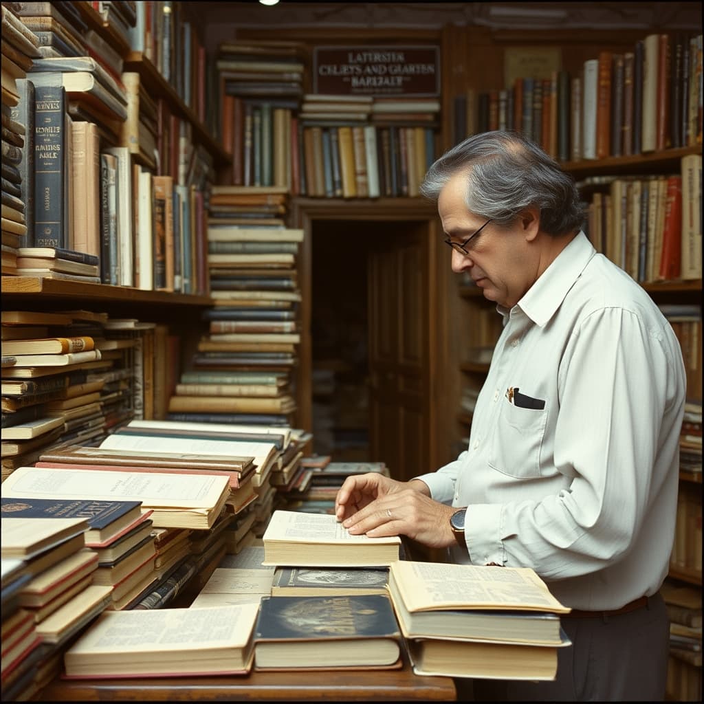 A bookseller and reader carefully examine the binding and ownership marks of a second-hand book