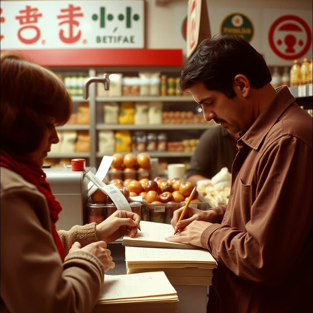A grocer and customer discreetly reconcile a neighbourhood credit ledger at the counter
