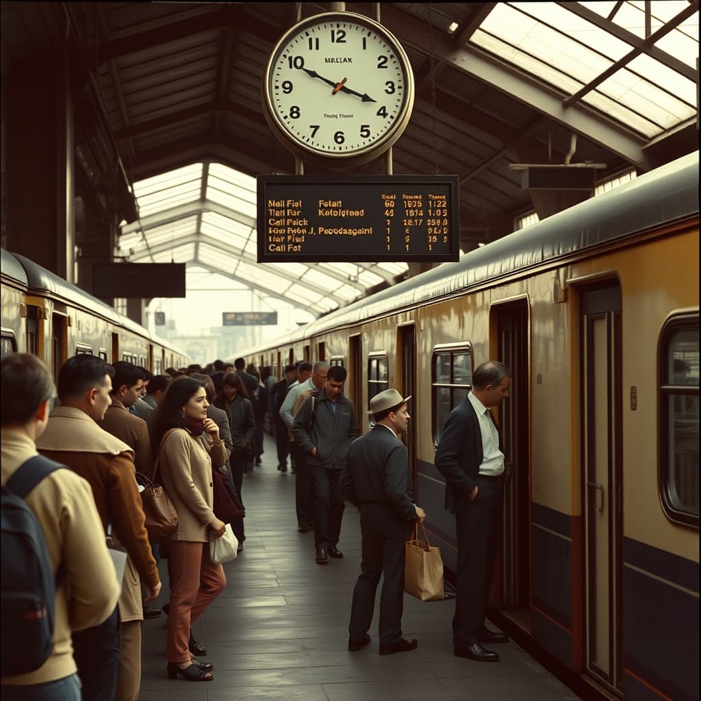 Morning commuters board a suburban train while station and maintenance staff support a reliable departure
