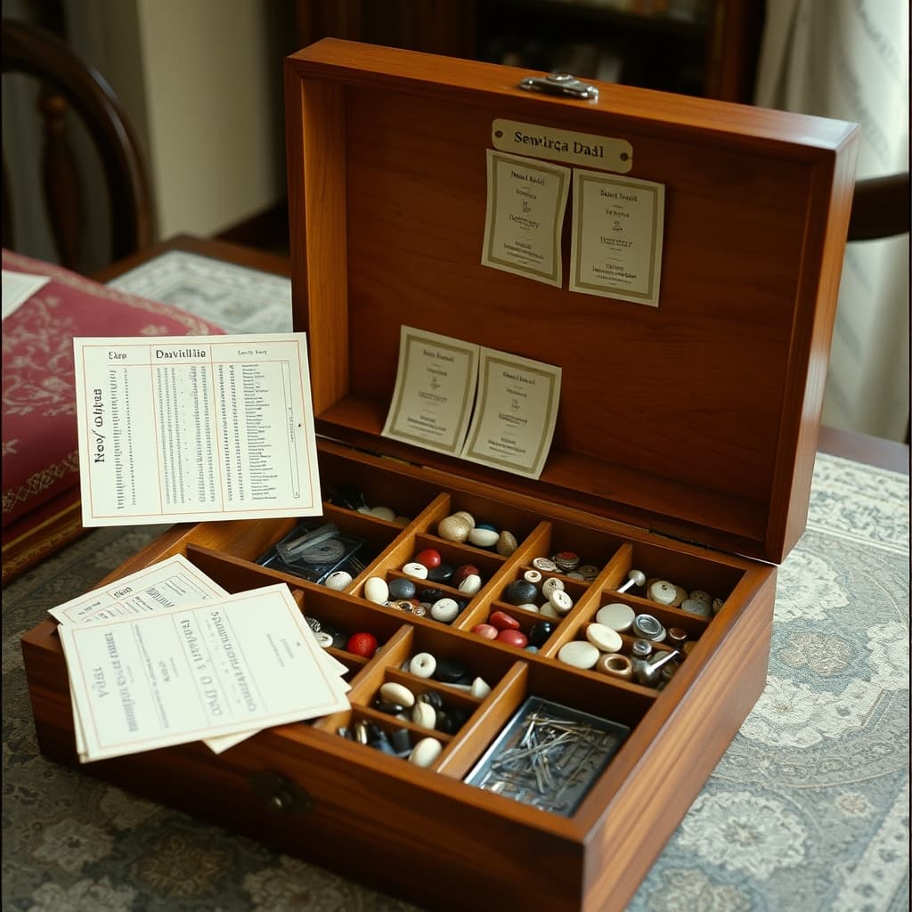 An open wooden sewing box displays organised thread, buttons, darning tools, and safely contained needles