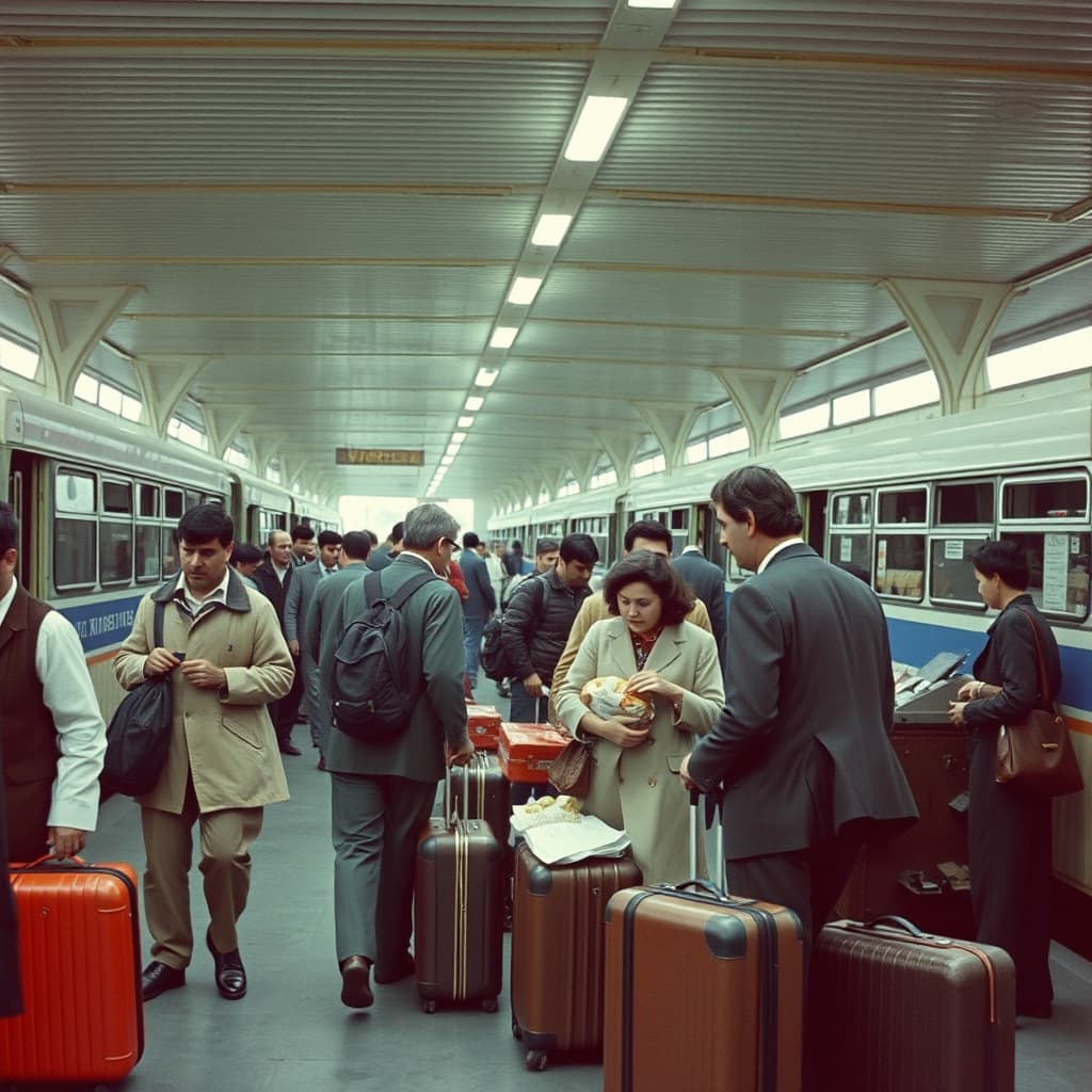 Families, students, workers, ticket agents, and porters share a busy intercity bus terminal platform
