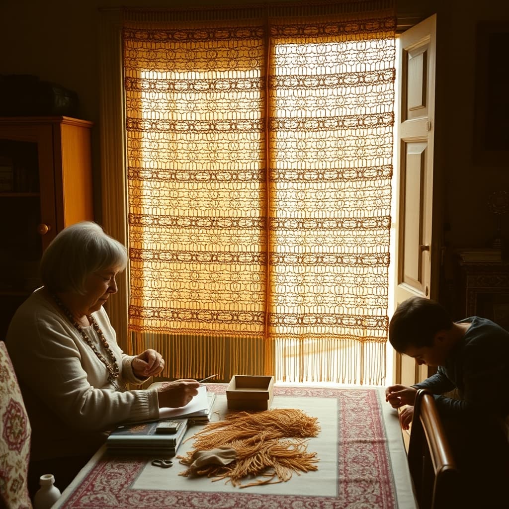 Two generations document the pattern and repaired strands of an inherited handmade beaded curtain