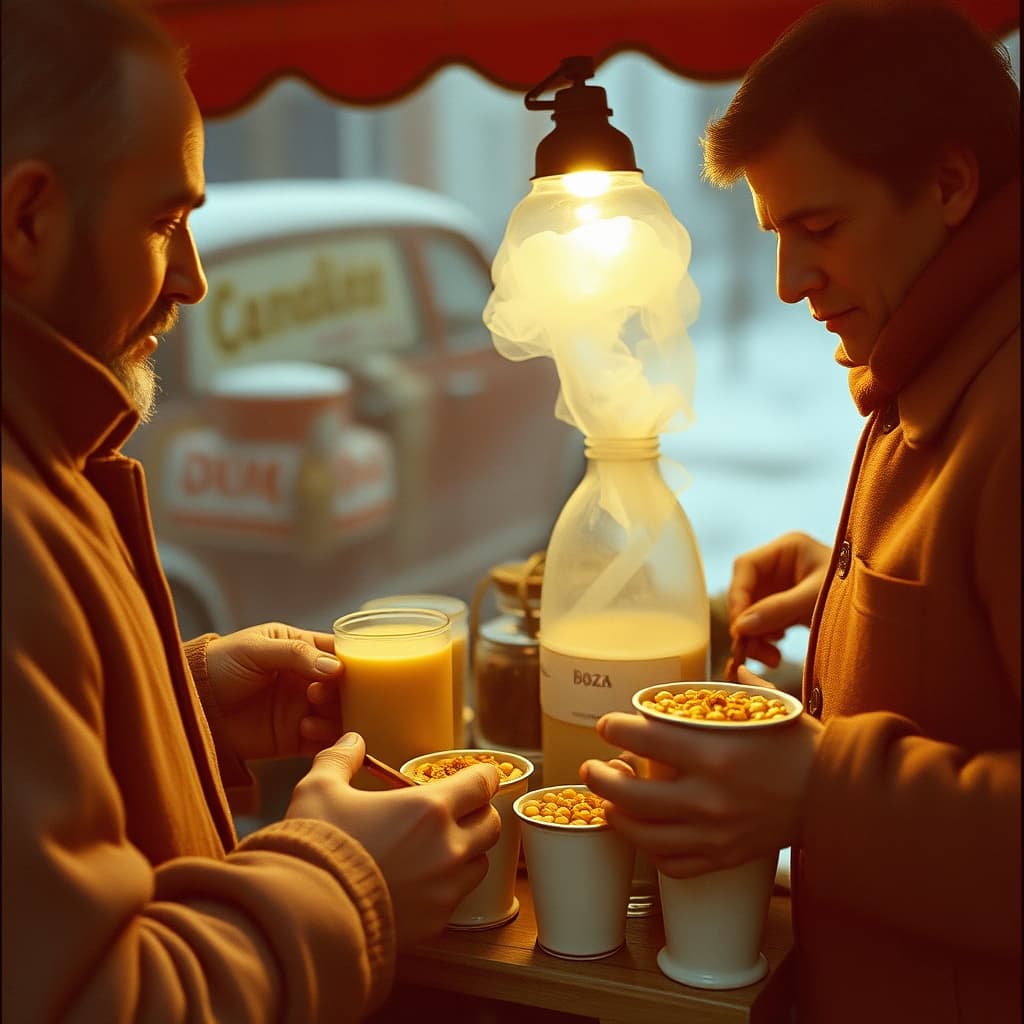 A boza vendor serves clean individual cups from a labelled cold container while payment is handled separately