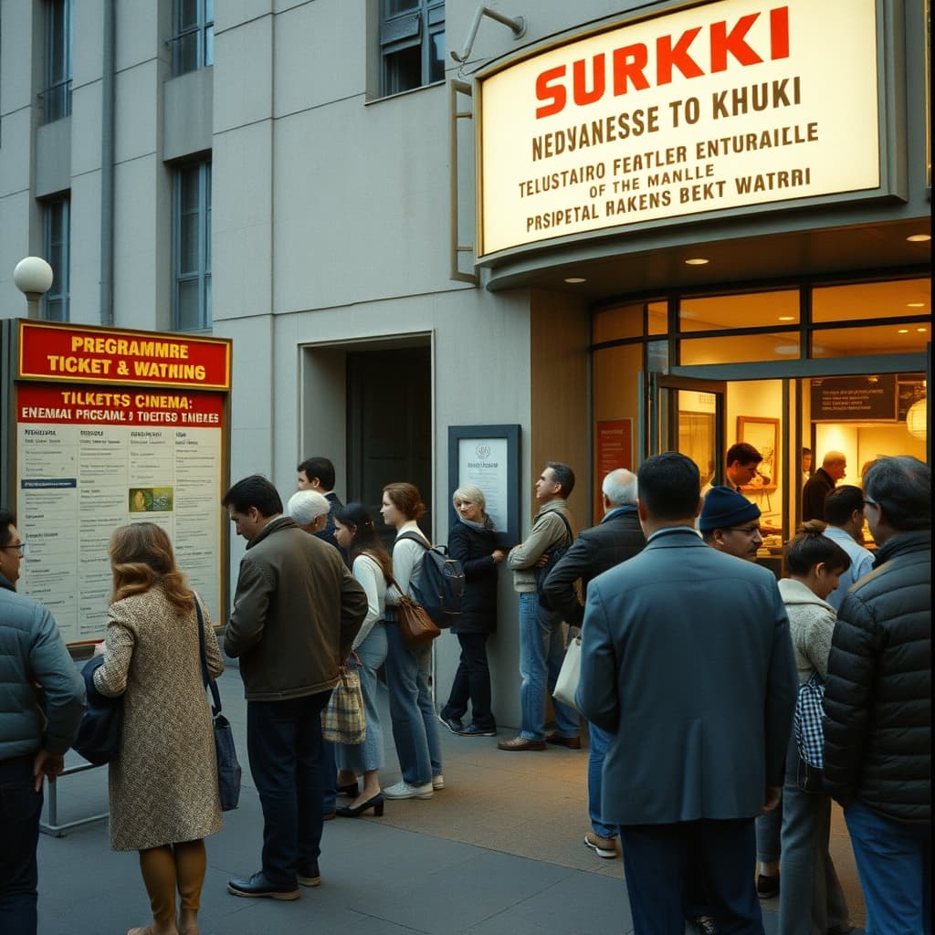 Students, workers, and families wait in an organised cinema queue beside the ticket window
