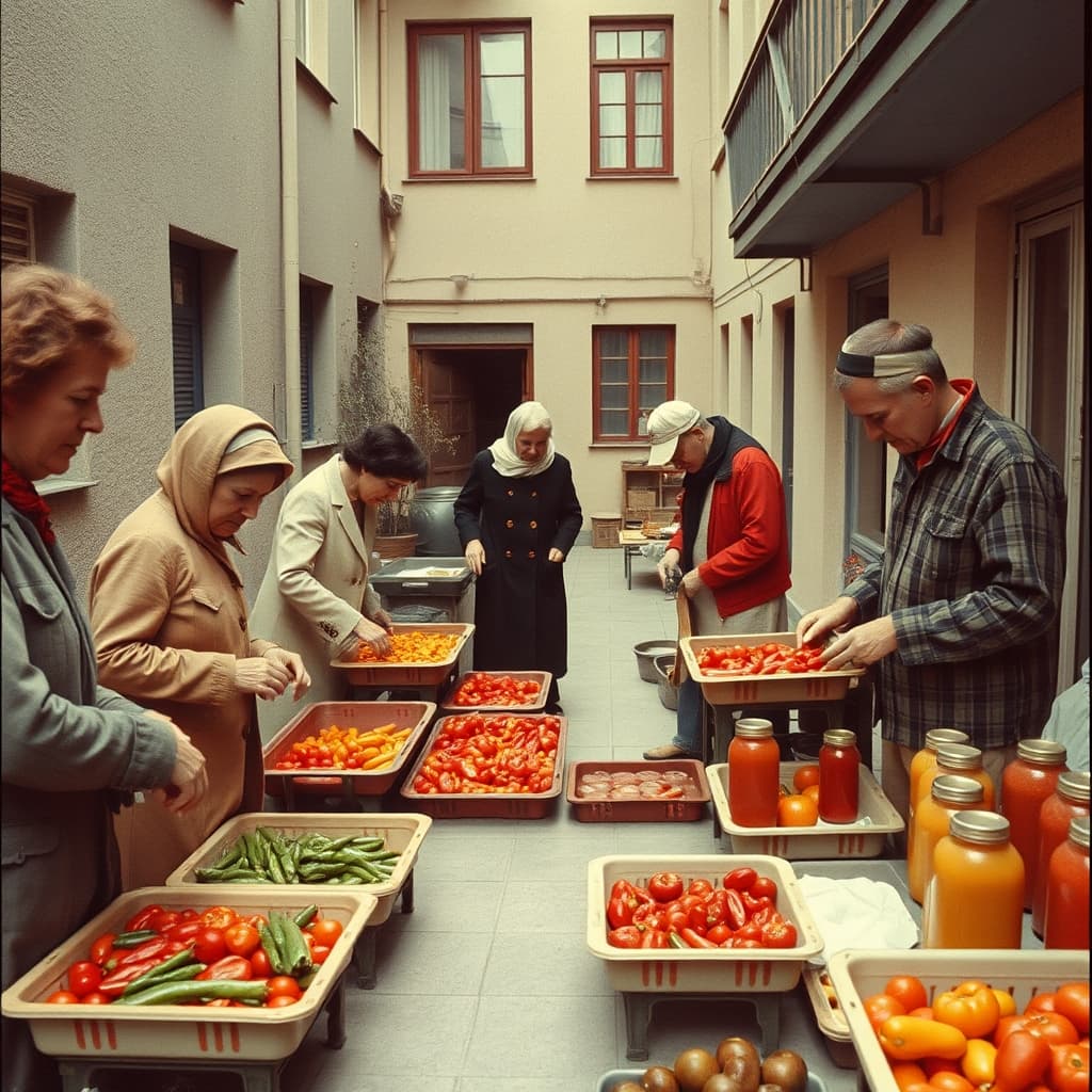 Apartment neighbours coordinate winter preserving with shared produce, clean jars, and a clear courtyard workspace