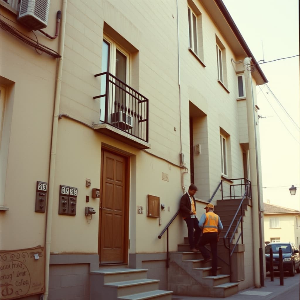 Residents and utility workers gather at the shared entrance of an early neighbourhood apartment building