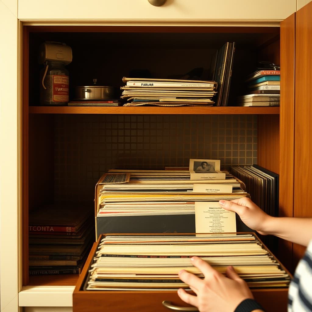 Family records stand upright in protective sleeves as they are moved away from kitchen steam and grease